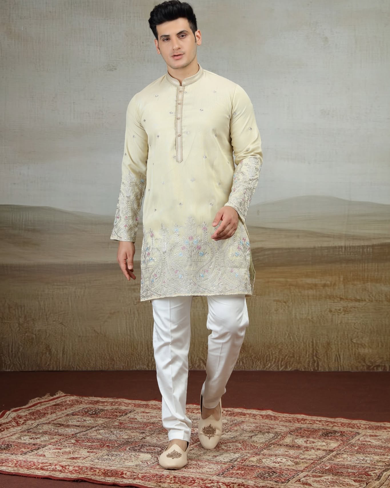 Beige Designer Embroidered Kurta Set for Men | D.No. 4750